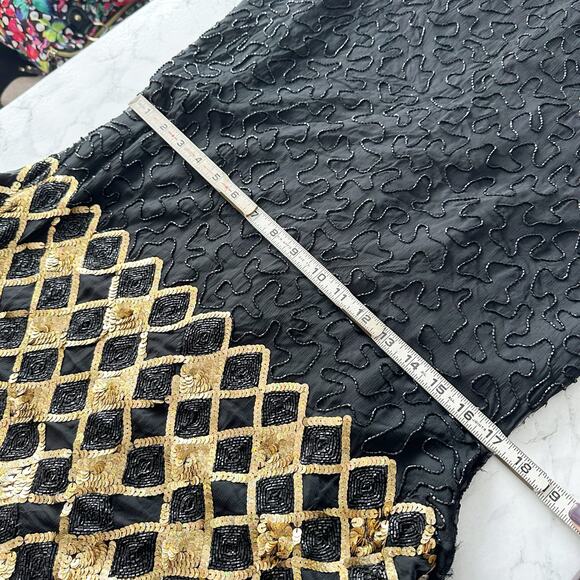 Laurence Kazar Gold Sequin Argyle Black Beaded Silk Evening Gown Women’s Size XL - Picture 14 of 15